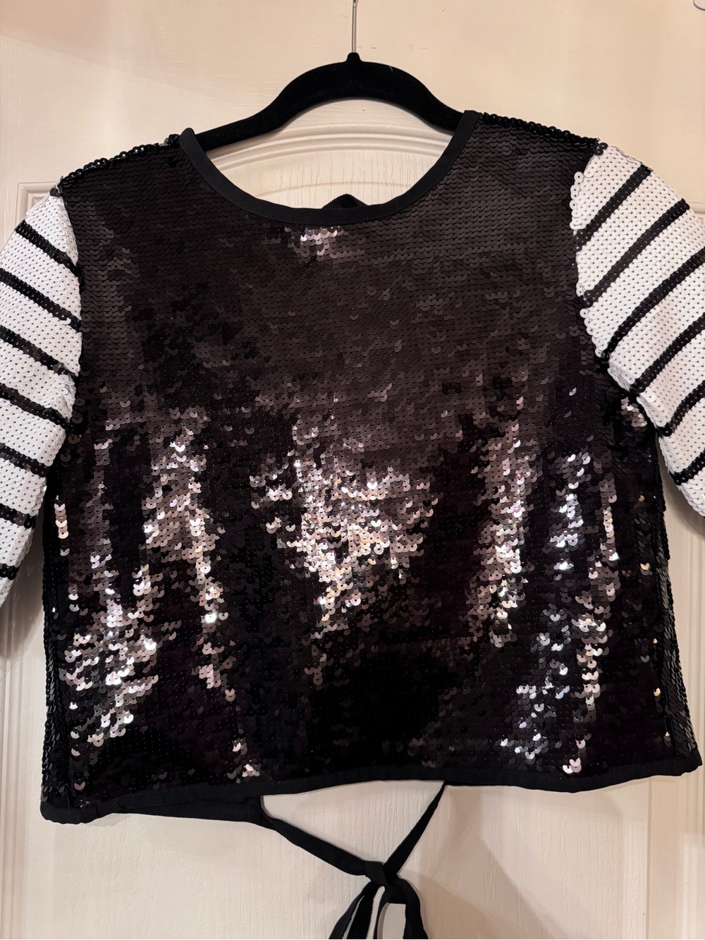 Zara Black Sequin Top with Striped Detail- Open Back